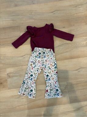 Bailey’s Blossom Girls Burgundy Ruffle-Sleeve Top with Floral Bell Leggings